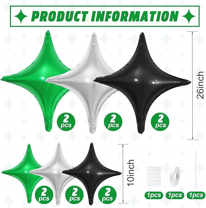 Black Green Silver Star Balloons,12Pcs Four Angle Star Foil Balloons,26Inch and 10Inch Black Silver Green Quadrangle Helium Balloon for Birthday Anniversary Party Decorations