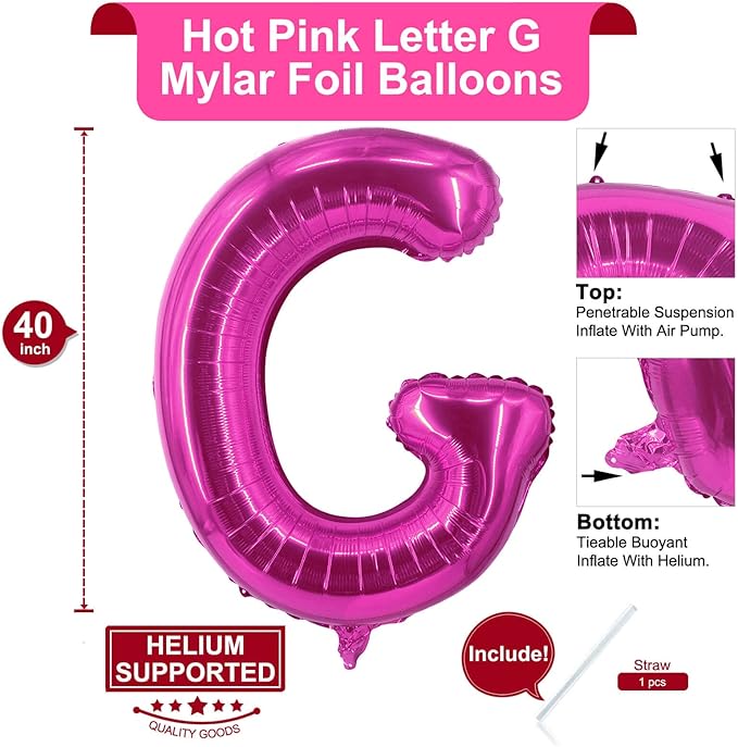 Lovoir 40 Inch Large Hot Pink Letter G Balloons Big Size Jumbo Mylar Foil Helium Balloon for Birthday Party Celebration Decorations Alphabet Hot Pink G