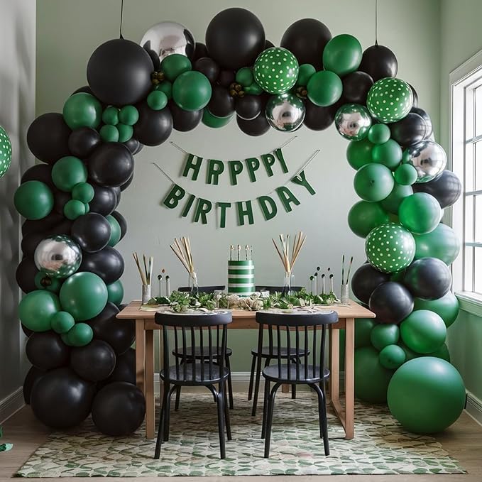 FEYG Green and Black balloon arch kit, 120Pcs Black Green Silver Balloon garland kit Green Silver foil Hunter green balloons for Boy Men Birthday Party 2024 graduation Spring Decorations