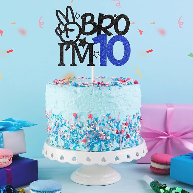 Bro I'm 10 Cake Topper, 10th Birthday Decorations for Boy, Glitter Funny 10th Birthday Cake Topper, Big Brother 10 Year Old Birthday Party Decoration Supplies