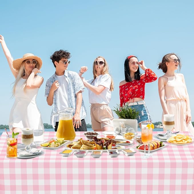 2 Pack Pink Gingham Tablecloth Rectangular Pink and White Checkered Tablecloths Disposable Plastic Pink Plaid Table Cover for Parties, Outdoor Picnic, Birthday, Wedding, Camping 54 × 108 Inch