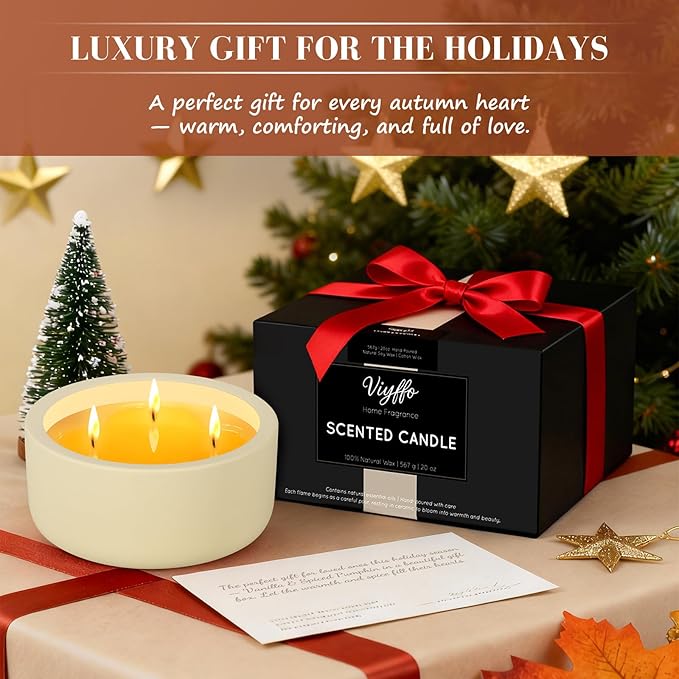 Viyffo Christmas Candles – Vanilla & Cinnamon, 3 Wick 20oz Large Scented Candle, Non Toxic Soy Fall Candles for Women & Men, Luxury White Jar Perfect for Thanksgiving, Winter Holiday Gift & Home Decor