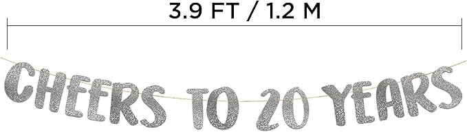 Cheers to 20 Years Silver Glitter Banner - 20th Anniversary and Birthday Party Decorations