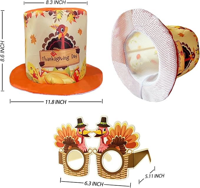 12 Pieces Thanksgiving Top Hats Turkey Hats Paper Eyeglasses Set for Thanksgiving Party Costume Accessories
