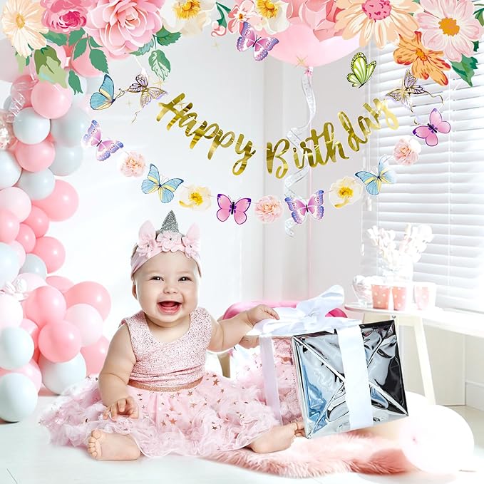 SUNBEAUTY Butterfly Happy Birthday Banner Butterfly Birthday Garden Party Decorations Fairy Party Decoration Summer Flowers Banner | Pre-Strung