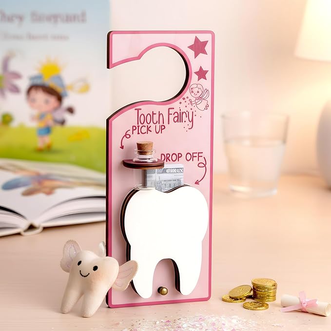 Tooth Fairy Holder Bag Door Hanger with Money Slot Keepsake Bottle Velvet Pouch Teeth Fairy Box Encourage Gift for Lost Teeth Boy Girl Milk (Fresh,Pink)