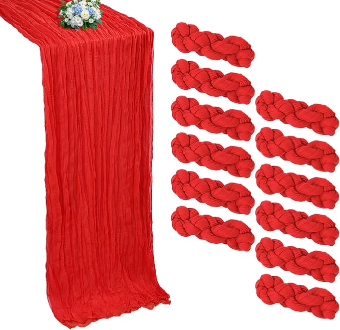 12 Pack Christmas Table Runner Red Cheesecloth Table Runner 10FT Boho Cheese Cloths Gauze Fabric 120 Inch Rustic Sheer for Wedding Birthday Party Baby Shower Centerpiece Home Decorations