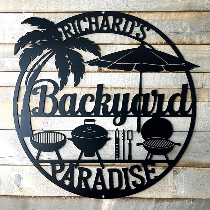 BBQ Grill Name Metal Sign - Custom Barbecue Hanging Decor - Outdoor Kitchen Accessories - Personalized Housewarming, Birthday Gift for Dad, Grandpa, Husband