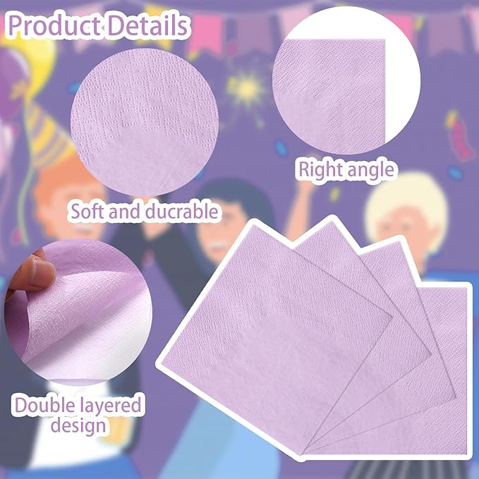 FLOWERCAT 100-Count 2-Ply Purple Cocktail/Beverage Napkins - Disposable Premium Quality - 5" x 5" Purple Paper Napkins for Easter,Bar,Weddings,Birthday