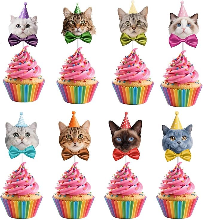 24 Pcs Adorable Cat Cupcake Topper,8 Unique Designs About Cute Cats with Party Hats Cupcake Decorations for Cat Theme Birthday Party Supplies