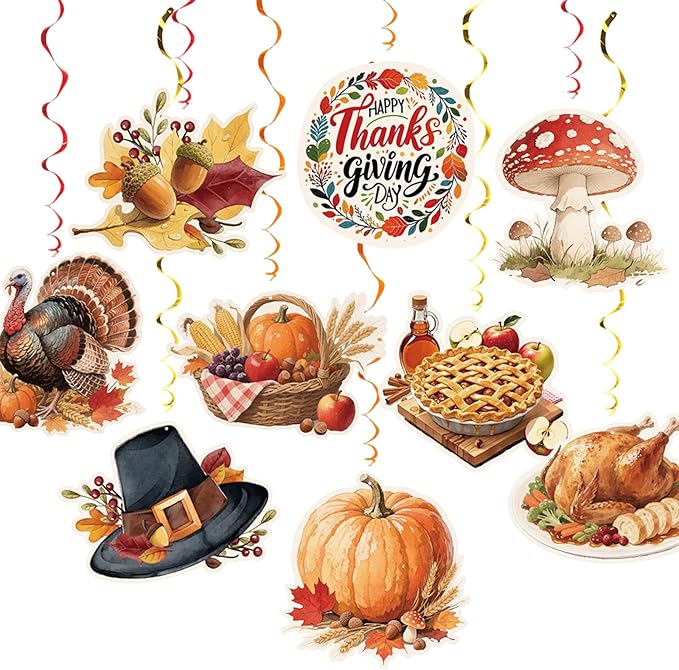 Thanksgiving Hanging Swirl Set Party Decorations, 48 Pcs, Autumn Theme Pumpkin Maple Leaf Turkey Party Supplies Sign,Orange Brown Red