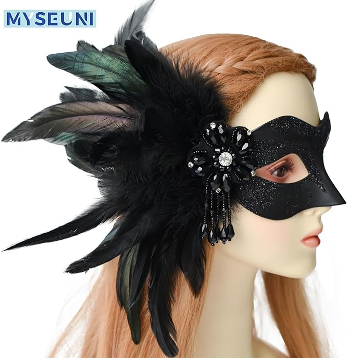 Black Couples Masquerade Mask Set - Women's Masquerade Masks with Feathers & Venetian Mask for Men, Mardi Gras, Halloween, Cosplay, Prom, Christmas
