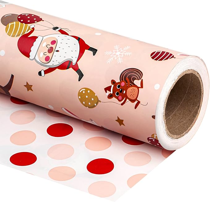 WRAPAHOLIC Reversible Christmas Wrapping Paper - Mini Roll - 17 Inch x 33 Feet - Red and Pink Dancing Santa Claus Reindeer and Colorful Polka Dots Design for Christmas, Holiday, Party