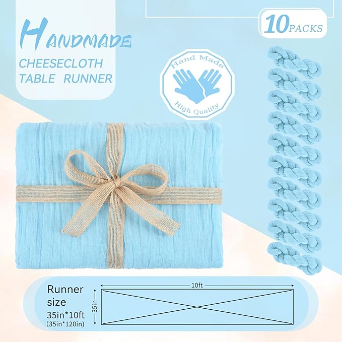 10 Packs Cheesecloth Table Runner Baby Blue, 35x120 inch Light Blue Rustic Gauze Boho Wedding Table Runner Decoration, Wedding Table Decor Table Cloth for Wedding Party Bridal Shower Table