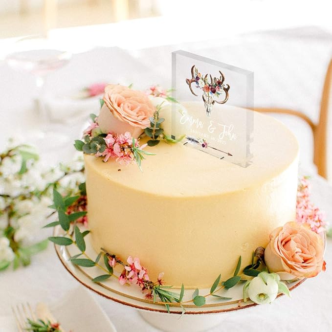 Andaz Press Boho Woodland Antlers Custom Wedding Cake Topper, Acrylic Square Personalized Couple Cake Topper