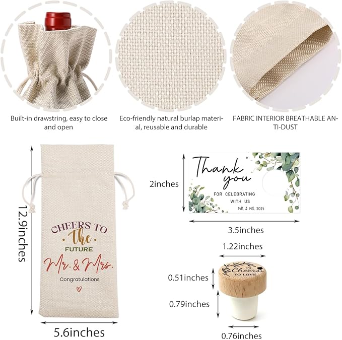 FBCCZEY Wedding Shower Gifts Wine Bag Bridal Shower Wedding Party Favors Gifts Mr And Mrs Cheers To The Future Wine Bottle Bag with Thank You Card And Stopper