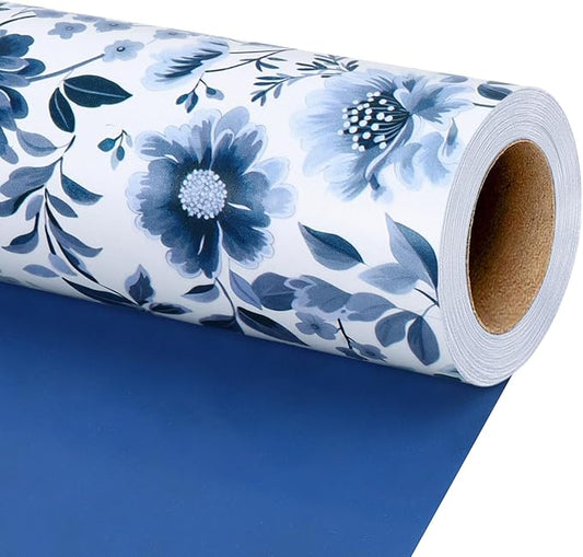 LaRibbons Reversible Blue Floral Wrapping Paper Roll, 17 Inch x 33 Feet (46.7 Sq. Ft), Blue White Peony Design Chinoiserie Gift Wrap for Wedding, Bridal Shower & Birthday