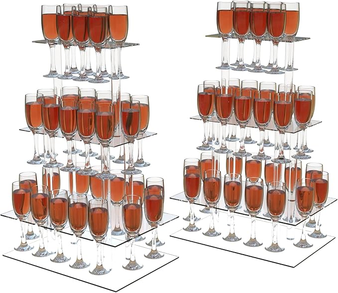 Champagne Tower, Rectangle Acrylic Champagne Display Rack Stand with 32 Slots, 3 Tier Floating Sight Champagne Flute Holder for Party, Wedding, 17.3x11.8x25.5 inch, 2Pcs