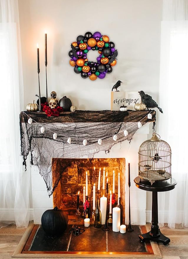 Halloween Wreath for Front Door, 13 inch Small Halloween Ball Wreath with Pumpkins Bats Shatterproof Front Door Wreaths Orange/Purple/Black Ball Ornament for Wall Mantel Porch Indoor Outdoor Decor