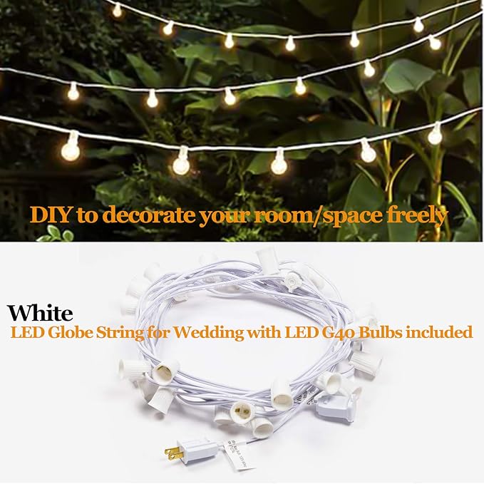 Outdoor Globe String Lights White - G40 Outdoor Lights Patio String Lights Linkable Waterproof with 27 Shatterproof Clear Bulbs(2 Extra) for Wedding Party Pergola Gazebo Lights