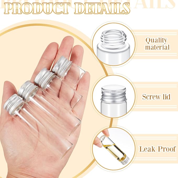 100 Pcs Small Clear Vials Spice Mini Jars with Lids Mini Glass Bottles with Screw Aluminum Metal Caps Tiny Jars Sample Containers for Powder Cream Cosmetic Jewelry Wedding (4 Size,Silver Caps)