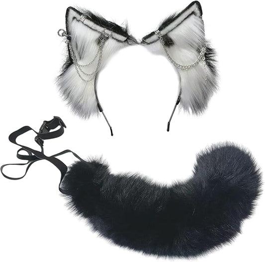 Wolf Ears Tail Set Fox Wolf Headbands Clips Fluffy Cosplay Costumes, Gothic Punk Accessories for Halloween