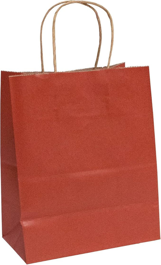 FACEBAG 50-Pack Red Paper Bags with Handles Bulk,8x4.25x10.5 Inch Gift Bags, Red Kraft Paper Bags, Applicable to Retail, Party, Shopping, Festival，Commercial and Wedding Events，Reusable & Durable