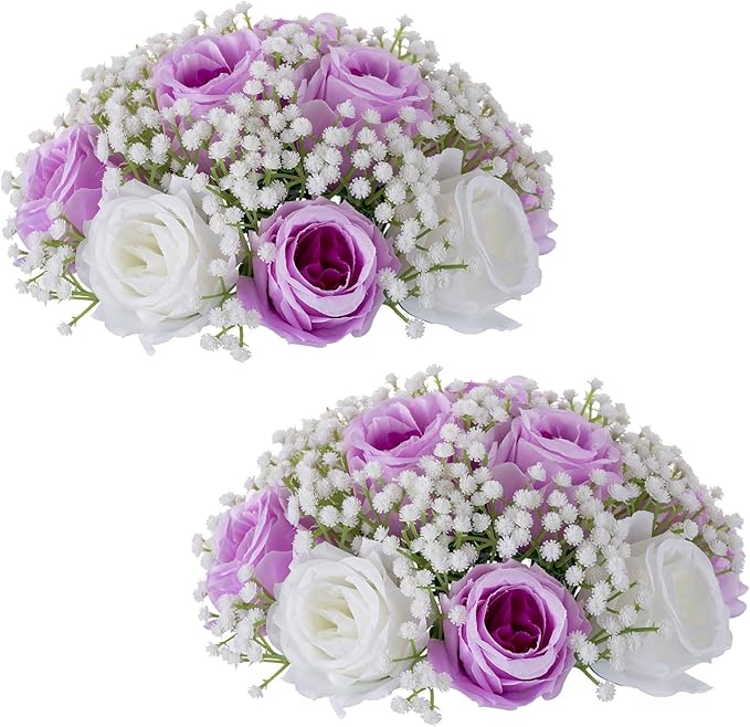 BLOSMON Fake Flowers Ball Centerpieces: 2 Pcs Lilac Rose Babys Breath Artificial Flowers Decoration for Wedding Table - Faux Silk Kissing Floral Bouquet Arrangements for Home Party DIY Decor