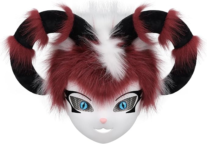 Faux Fur Animal Fox Cow Horn Face Mask for Masquerade Halloween Party Cosplay Costume Accessory