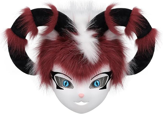 Faux Fur Animal Fox Cow Horn Face Mask for Masquerade Halloween Party Cosplay Costume Accessory