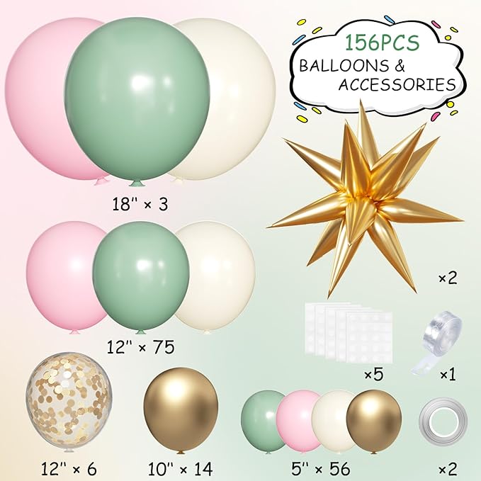 Sage Green Pink and Gold Balloon Arch Kit, 156Pcs Blush Pastel Pink and Green Garland with White Sand Metalic Gold 4D Star Balloons for Boho Girls Woodland Baby Shower Wedding Birthday
