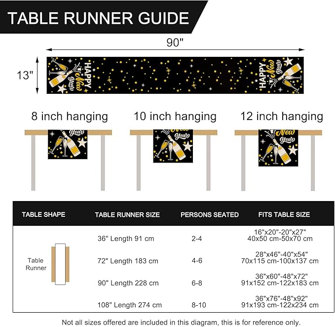 Seliem Happy New Year 2026 Table Runner, Black Gold Champagne Home Kitchen Polka Dots Stars Celebration Decor, Christmas Winter Holiday Burlap Dining Decorations Party Supply 13 X 90
