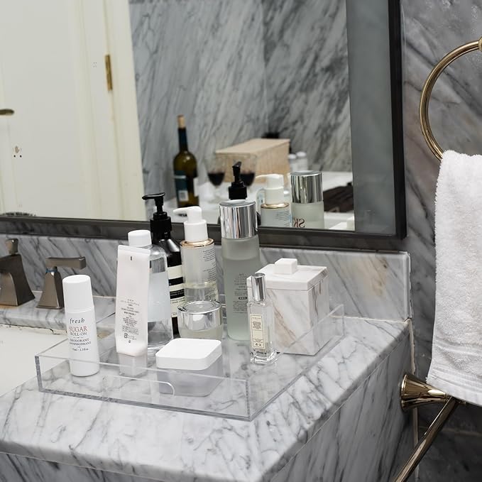 Clear Sturdy Acrylic Serving Tray with Handles 12x12x2H Inches -Spill Proof- Decorative Trays Countertop Organizer for Ottoman Coffee Table Nightstand, sidetable, Breakfast, Tea, Food