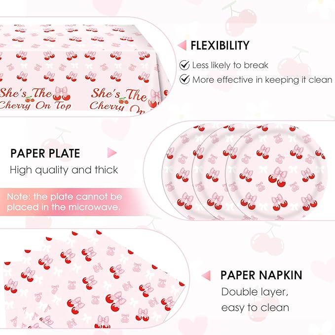 41Pcs Cherry Party Decorations,She's The Cherry On Top Theme Tableware,Cute Pink Bow Cherry Plates,Napkin,Tablecloth丨Girls Birthday Baby Shower Bachelorette Bridal Engagement Wedding Party Supplies