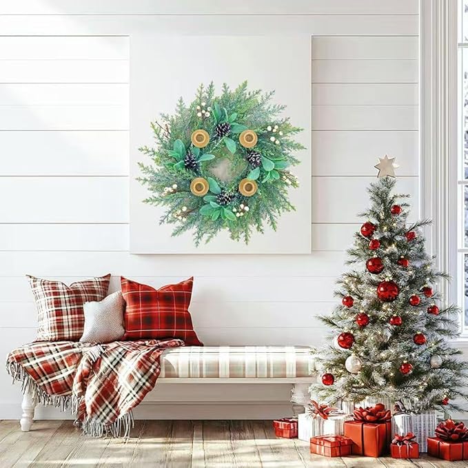 20 Inch Christmas Candlestick Wreath for Front Door,Artificial Snowy Pine Wood Paired with Off White Berries Used for Window, Wall, Porch, and Other Indoor and Outdoor Home Decorations