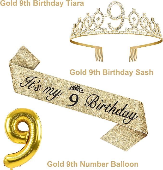 9th Birthday Decorations for Girl Gold with 9th Birthday Sash and Tiara, Candles and Cake Topper, Number Balloons, 9 Year Old Gifts for Girls