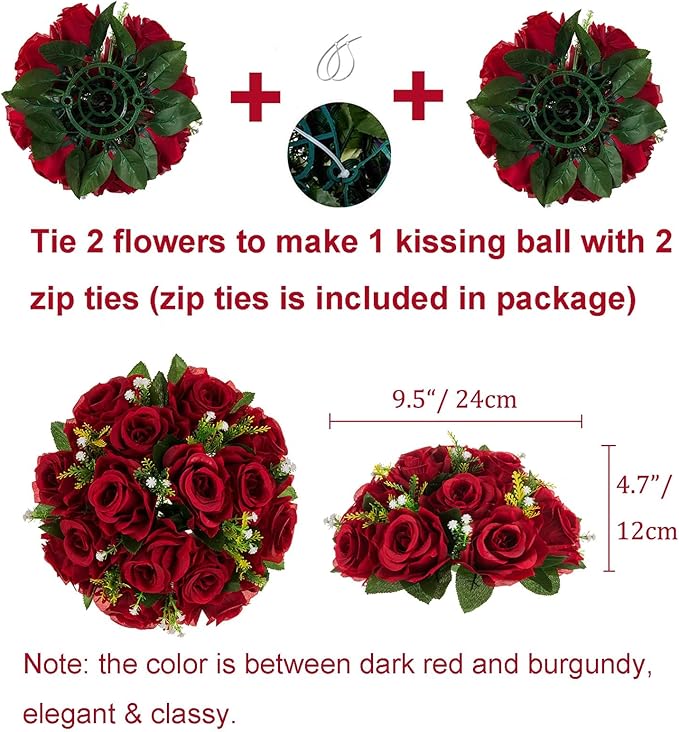 BLOSMON Flower Balls Wedding Rose Centerpieces: 2 Pcs Crimson Fake Flowers Kissing Balls Decor Artificial Floral Arrangements Flower Bouquet of Roses Home Party Table DIY Decorations