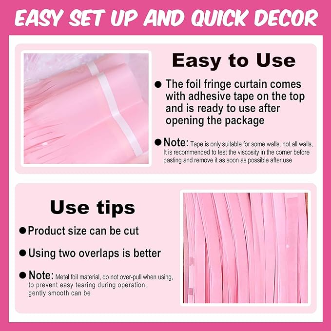 3 Pack Macaron Pink Foil Fringe Curtains Backdrop, 3.28 x 8.2 Ft Metallic Streamers Tinsel Curtains Background for Photo Booth, Birthday, Christmas, Halloween, New Year Party Decorations