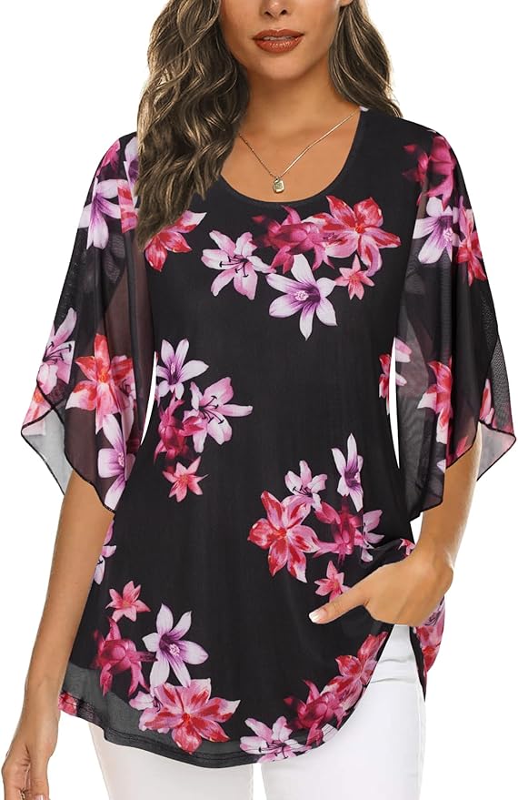 Ninedaily Women's Tops 3/4 Sleeve Blouses Dressy Casual Double Layers Mesh Tunic Shirts