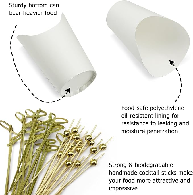 CAMKYDE 50 Charcuterie Cups + 200 Cocktail Picks + 56 Labels, 12 oz Disposable Charcuterie Cups with Sticks (2 Types), French Fry Cup White Paper Appetizer Cup for all Occasions（White）