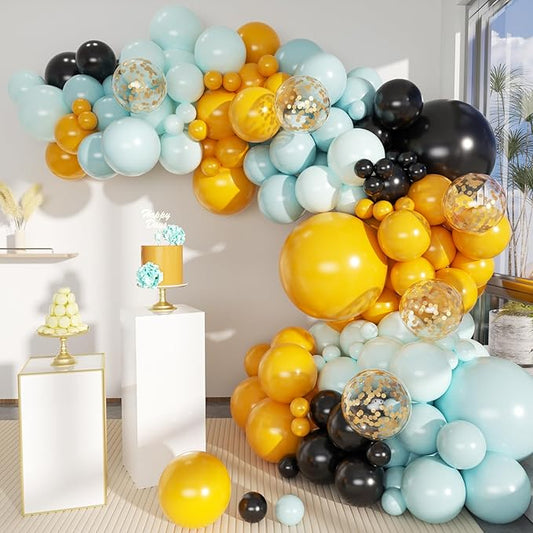 Black Yellow Blue Balloon Garland Arch Kit, 156 Matte Black Mustard Yellow Pastel Blue Balloons for Birthday Wedding Anniversary Baby Shower Bridal Party Decoration