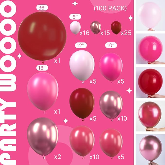 PartyWoo Pink Balloon Garland, 100 pcs Shades of Pink Different Sizes Pack of 36 Inch 18 Inch 12 Inch 10 Inch 5 Inch for Balloon Garland or Balloon Arch as Party Decorations, Birthday Decorations