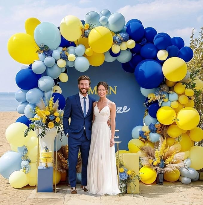 Royal Blue Yellow Balloon Arch Kit Double Stuffed Navy Dark Blue Pastel Yellow Balloon Garland for Bridal Wedding Baby Shower Birthday Main Squeeze Lemon Pooh Summer Graduation Banana Party Decor