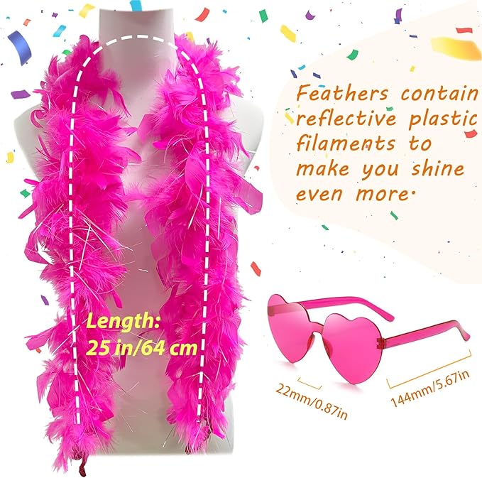 Feather Boa with Heart Rimless Sunglasses,4 ft Feather Boa for Bachelor Party Halloween Christmas Costume Accessory