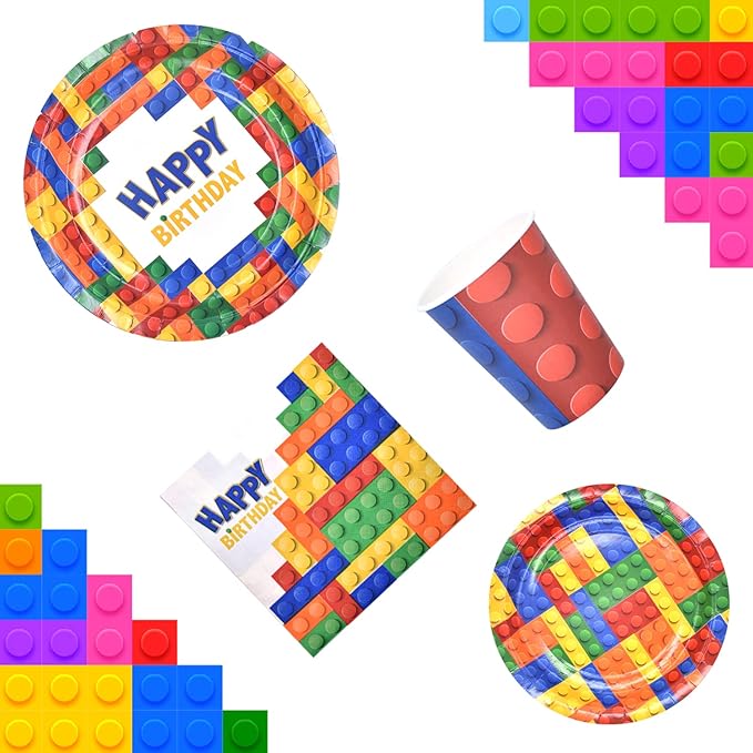 Dylives 180 Pcs Building Block Party Supplies - Birthday Party Decorations Kids Boys Disposable Tableware, Colorful Block Banner, 9" & 7" Plates Napkins Cups Cutlery, Serves 24