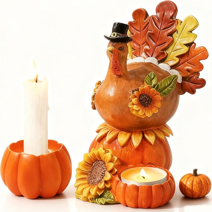 Thanksgiving Turkey Candle Holders, Table Centerpiece Decor for Thanksgiving, Resin Turkey with Pumpkin Fall Home Decor for Harvest Party Supplies