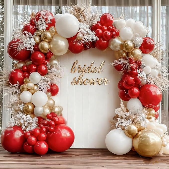 Red White Gold Balloon Garland Double Stuffed Burgundy Red White Sand Pearl Balloon Arch Kit Maroon Wine Balloons for Birthday Wedding Engagement Anniversary Christmas New Year Party Decorations