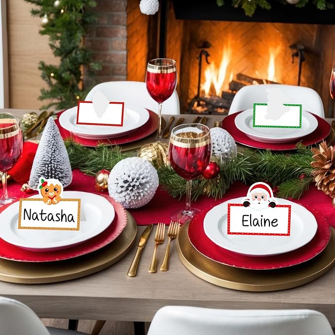 48 Pcs Christmas Place Cards Winter Table Seating Name Cards Tent Cards Santa Claus Buffet Cards Food Tag Label for Christmas Party Dinner Baby Shower Weddings Décor