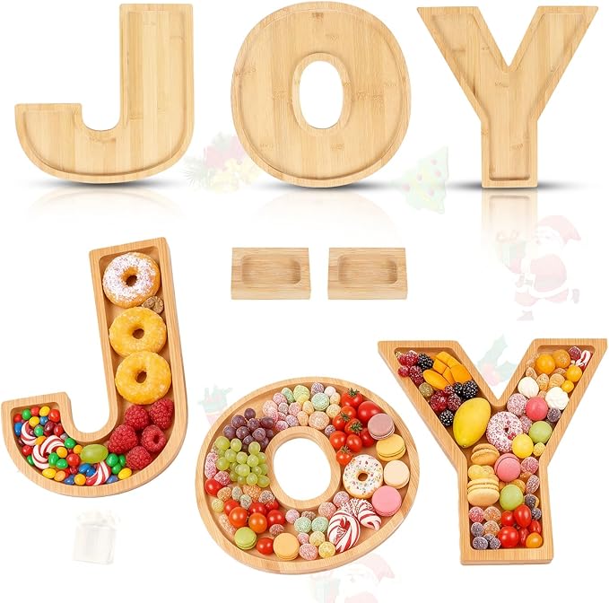 5 Packs Christmas Serving Platter Joy Charcuterie Board Bamboo Fruit Serving Tray Letters for Food with 2 pcs Sauce Dishes for Christmas Party Snack Serving