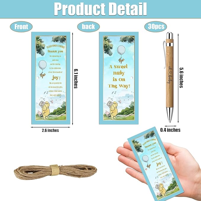 Toerifer Winnie Baby Shower Set, 30 Pcs Thank You Gifts, Bamboo Pens, Greeting Cards, Gender Reveal Souvenirs